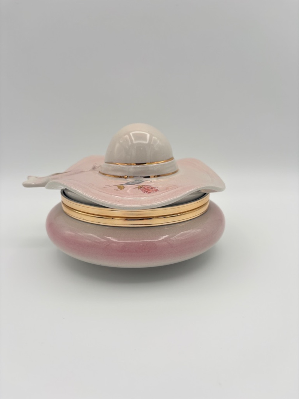 Capodimonte Italy Pink Hat Trinket Box Gold Floral Large (1)